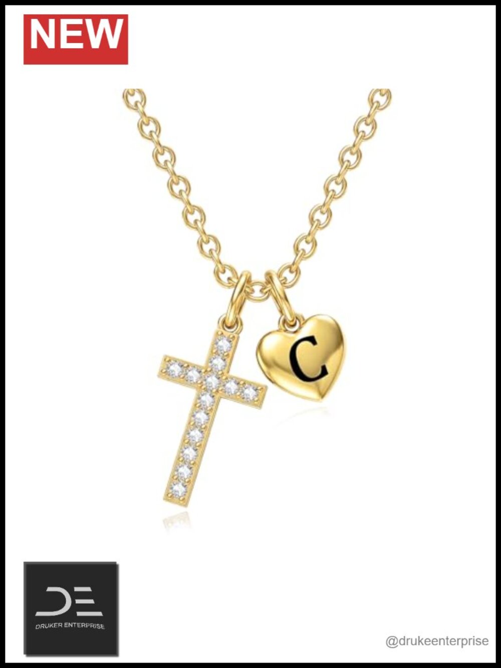 14K Gold Plated Cross Initial Pendant Necklace 20" Cable Chain